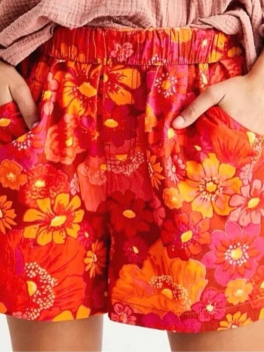 Free People Palo Duro Floral Pull-On Shorts in red/orange retro print